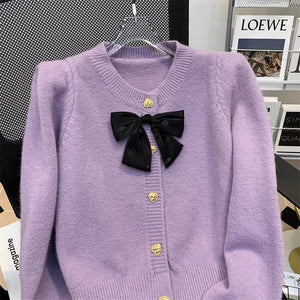 Sweet taro purple bow knitted open jacket