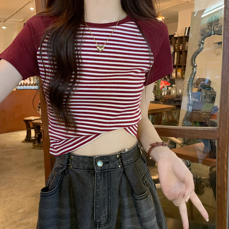 Retro Striped Raglan Cotton Sweet Girl Top