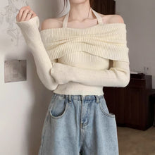 Load image into Gallery viewer, Halterneck knitted one-shoulder long-sleeved off-shoulder cropped sweater
