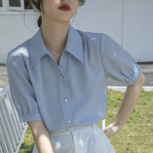 Chiffon V-neck professional-looking interview loose puff-sleeve shirt