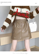 Load image into Gallery viewer, PU leather workwear drawstring high waist slim A-line skirt
