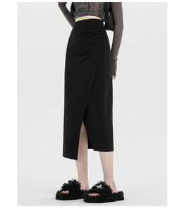 Autumn and winter niche irregular slit high-waisted hip-covering A-line skirt