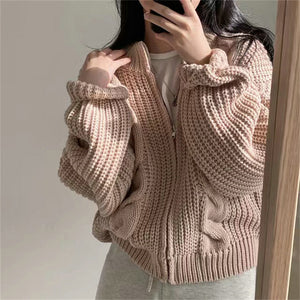 Retro lazy loose zippered twist sweater jacket