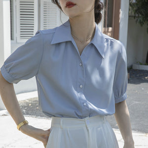 Chiffon V-neck professional-looking interview loose puff-sleeve shirt