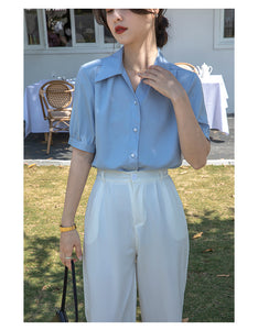 Chiffon V-neck professional-looking interview loose puff-sleeve shirt