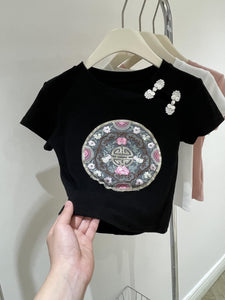 Chinese style button embroidered slim crop top