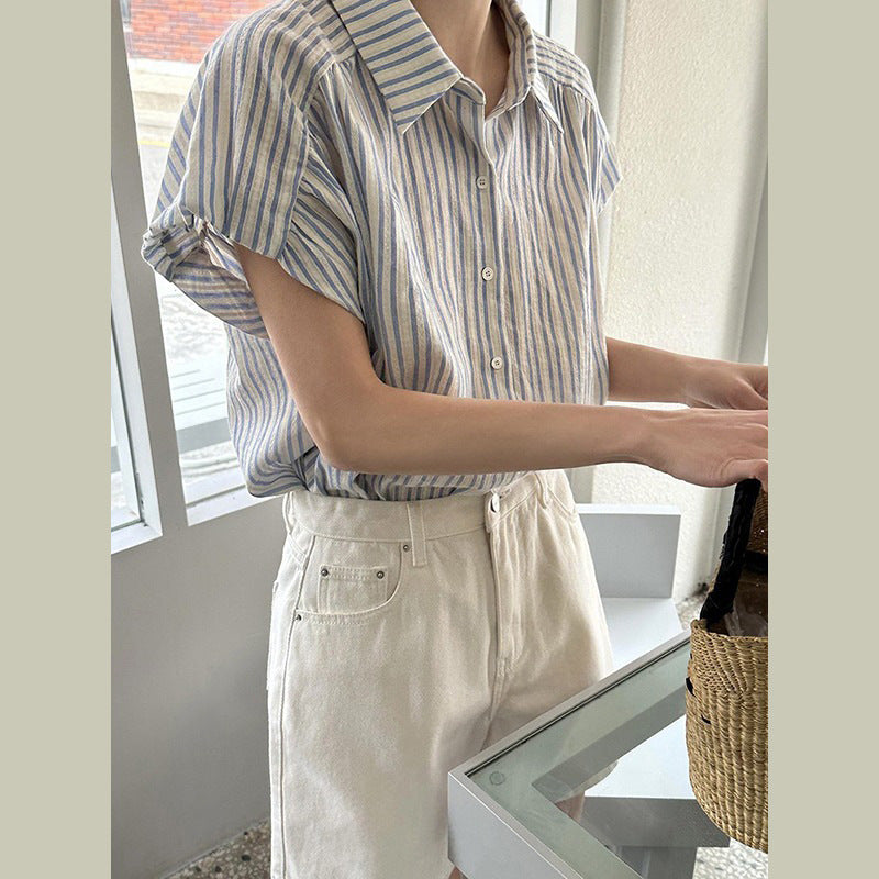 Striped short-sleeved petite design niche small flying sleeve shirt