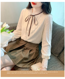 Korean style versatile bow-knot velvet thickened long-sleeved lace shirt