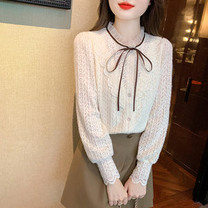Korean style versatile bow-knot velvet thickened long-sleeved lace shirt