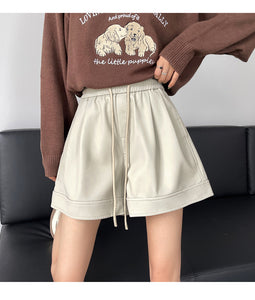 Washed leather A-line strap casual wide-leg shorts