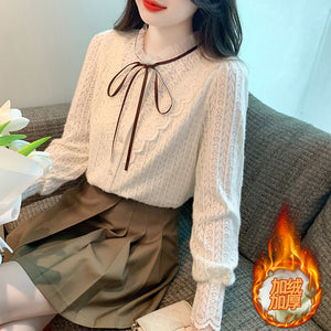 Korean style versatile bow-knot velvet thickened long-sleeved lace shirt