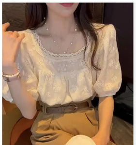 Square neck off-shoulder petite design niche puff sleeve shirt
