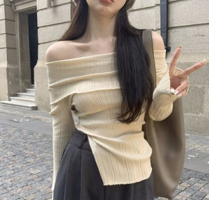 Hot girl one-shoulder long-sleeved knitted irregular slimming short top