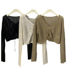 Load image into Gallery viewer, Hollow drawstring V-neck sun protection long-sleeved sweater
