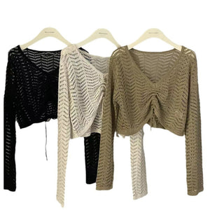Hollow drawstring V-neck sun protection long-sleeved sweater