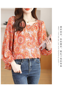 Chiffon round neck French style floral shirt