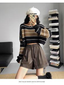 Washed leather A-line strap casual wide-leg shorts