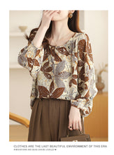 Load image into Gallery viewer, Floral round neck chiffon nine-quarter sleeve retro printed shirt
