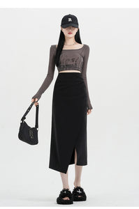 Autumn and winter niche irregular slit high-waisted hip-covering A-line skirt