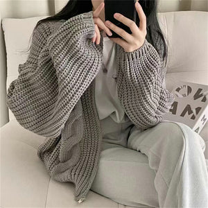 Retro lazy loose zippered twist sweater jacket