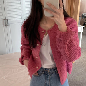 Xiaoxiangfeng round neck textured single-breasted knitted cardigan top