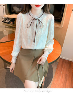 Korean style versatile bow-knot velvet thickened long-sleeved lace shirt