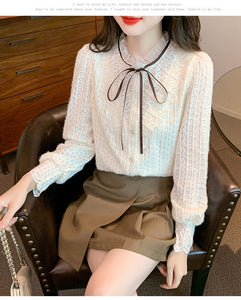 Korean style versatile bow-knot velvet thickened long-sleeved lace shirt