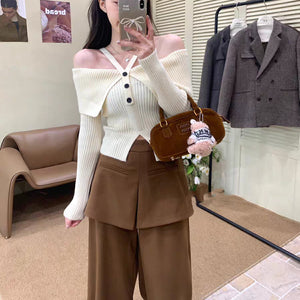 One-shoulder halterneck lapel short knitted long-sleeved top