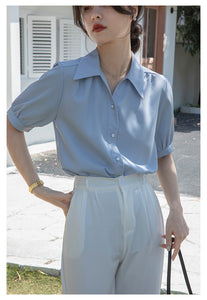 Chiffon V-neck professional-looking interview loose puff-sleeve shirt