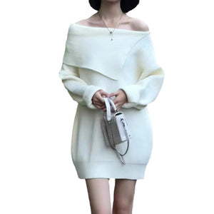 Loose, lazy and versatile one-shoulder mid-length sweater dress