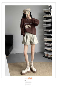 Washed leather A-line strap casual wide-leg shorts