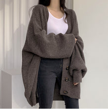Load image into Gallery viewer, Casual V-neck single-breasted loose lantern sleeve knitted cardigan sweater
