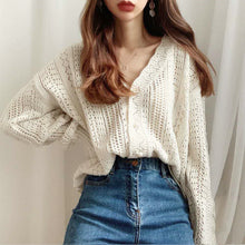 Load image into Gallery viewer, Retro hollow lazy style crochet flower V-neck knitted sweater
