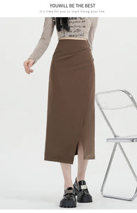 Autumn and winter niche irregular slit high-waisted hip-covering A-line skirt