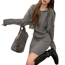 Load image into Gallery viewer, Fashionable hooded knitted twist sweater high-waist elastic hip-covering skirt suit
