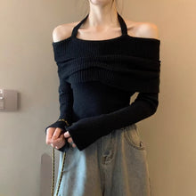 Load image into Gallery viewer, Halterneck knitted one-shoulder long-sleeved off-shoulder cropped sweater

