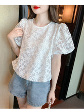 Load image into Gallery viewer, Puff Sleeve Embroidered Flower Lace Doll Shirt Short Sleeve Top
