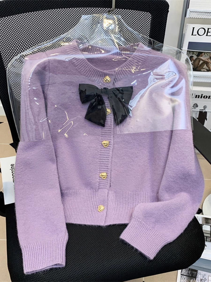 Sweet taro purple bow knitted open jacket