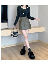 Load image into Gallery viewer, PU leather workwear drawstring high waist slim A-line skirt
