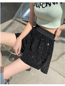 Sequined high-waist slimming loose a-line casual shorts