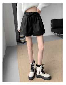 Washed leather A-line strap casual wide-leg shorts