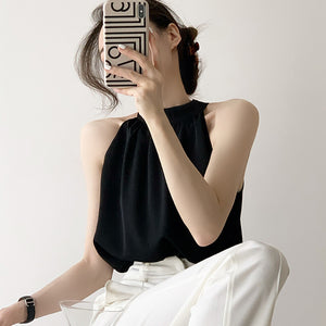High Quality French Chiffon Shirt Halter Neck Off Shoulder Top