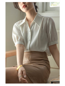 Chiffon V-neck professional-looking interview loose puff-sleeve shirt