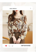 Load image into Gallery viewer, Floral round neck chiffon nine-quarter sleeve retro printed shirt
