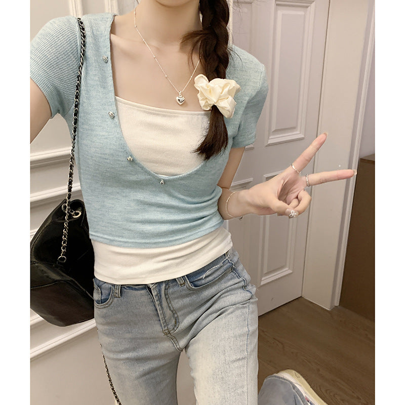 Chic fake two-piece sweet and spicy tight-fitting short top