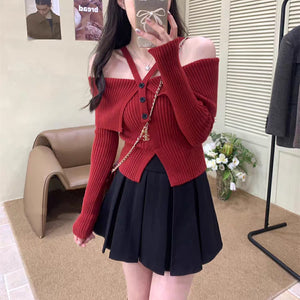 One-shoulder halterneck lapel short knitted long-sleeved top