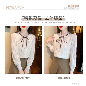 Korean style versatile bow-knot velvet thickened long-sleeved lace shirt