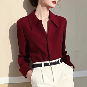 Fashion retro beautiful wine red lapel long sleeve shirt