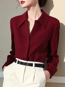 Fashion retro beautiful wine red lapel long sleeve shirt