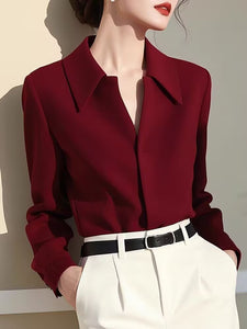 Fashion retro beautiful wine red lapel long sleeve shirt